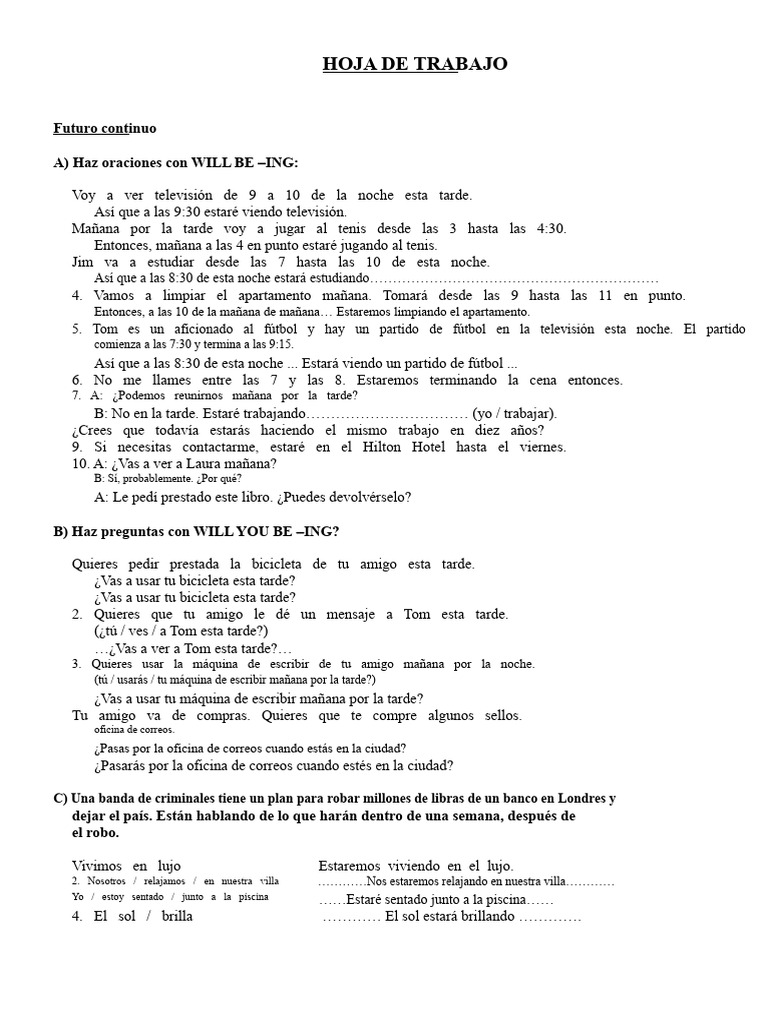 Ejercicios de Futuro Continuo y Perfecto | PDF