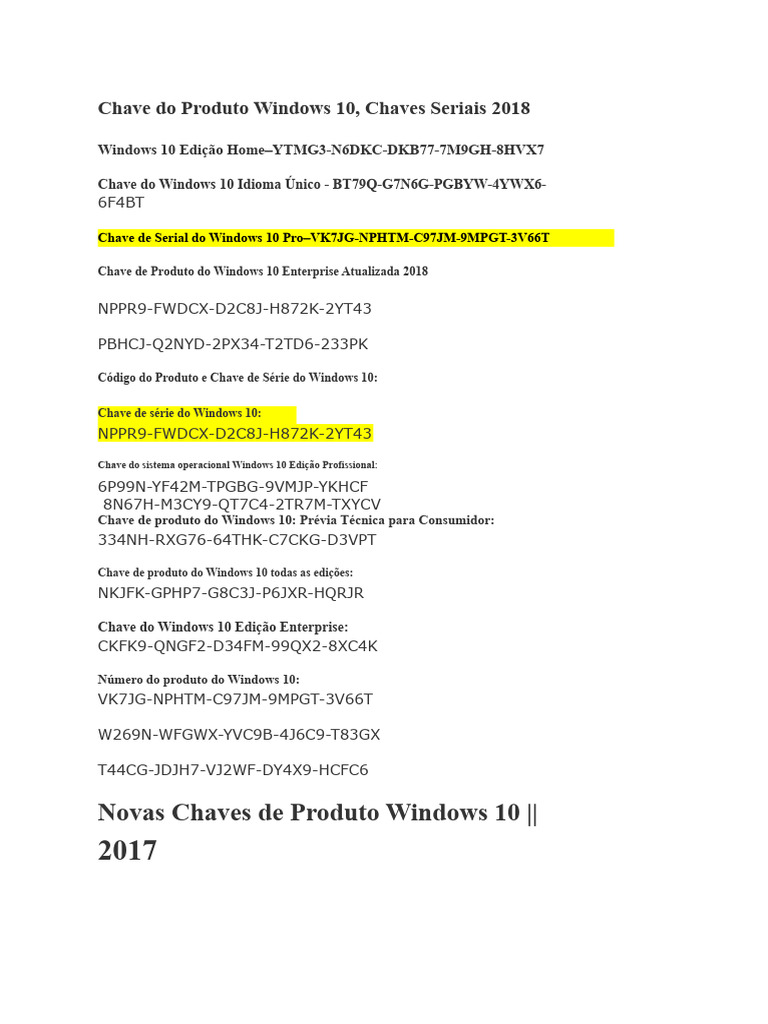 Chaves de Produto do Windows 10 2018 | PDF