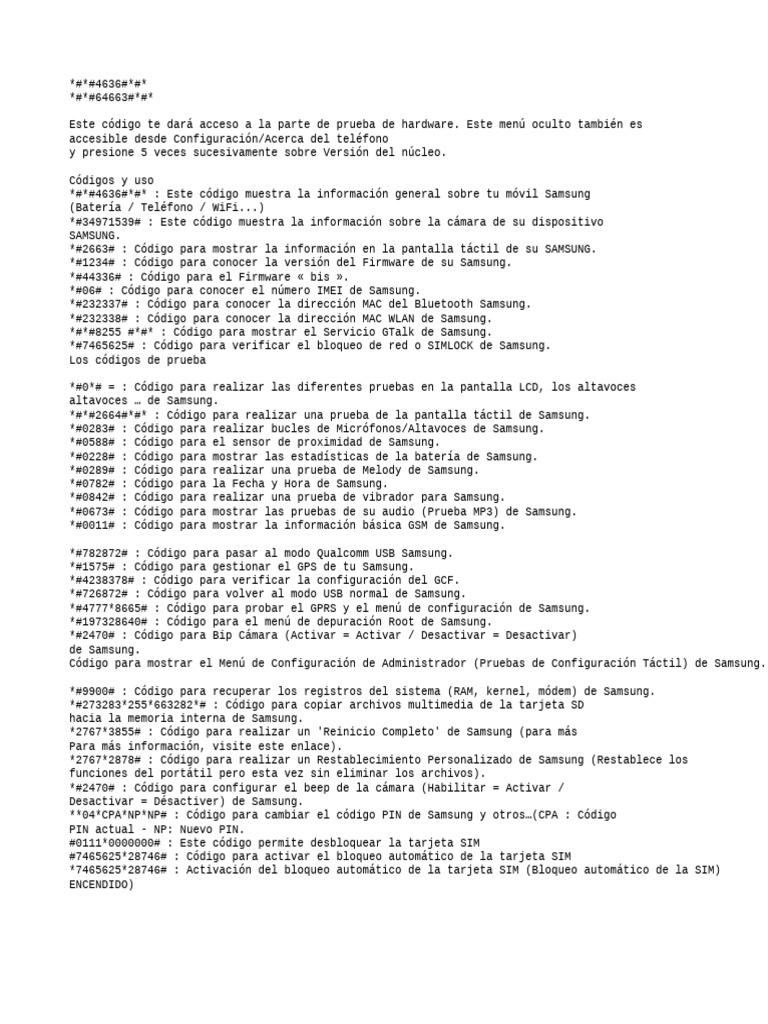 Códigos secretos para dispositivos Samsung | PDF | Arquitectura de ...