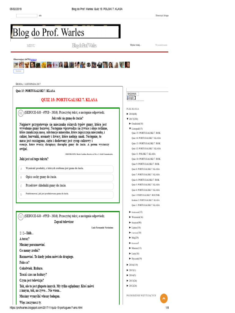 Blog Profesora Warles - Quiz 15 - PORTUGALSKI 7. KLASA | PDF