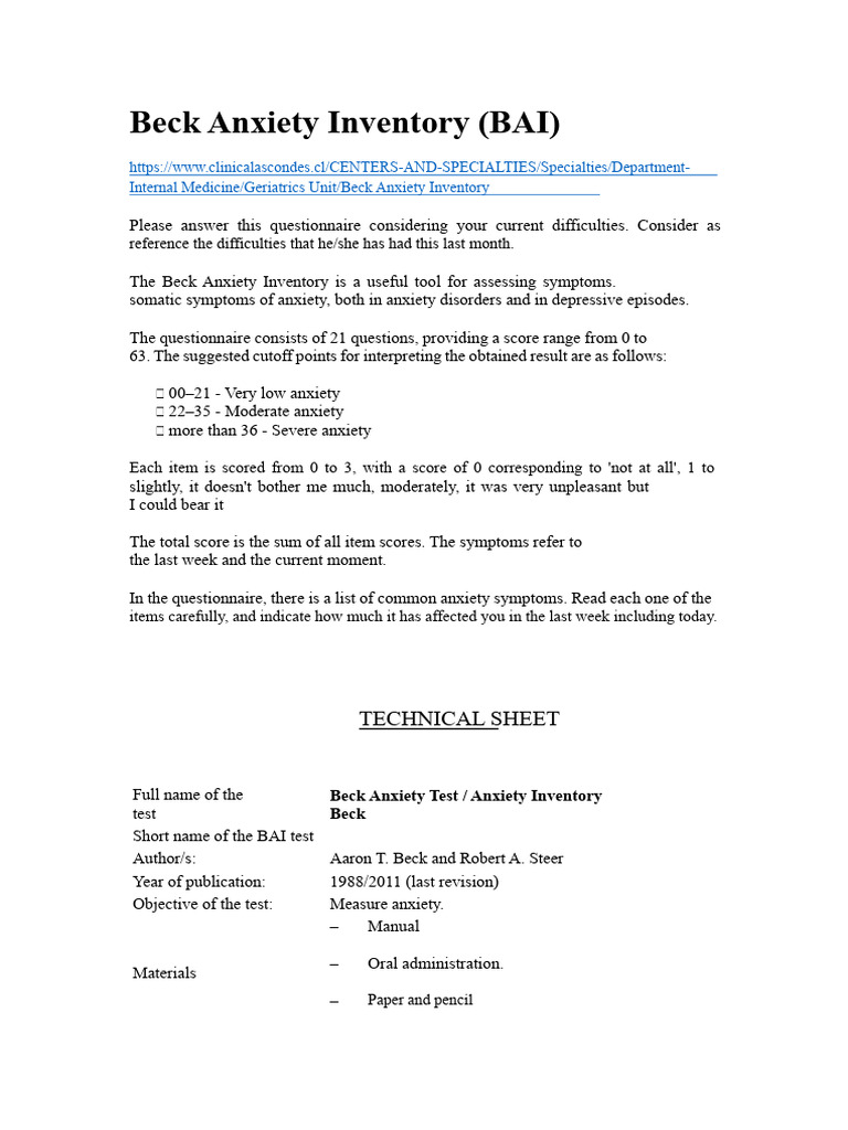 Beck Anxiety Inventory Overview | PDF | Anxiety | Emotions