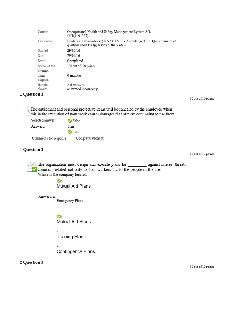 SG-SST Knowledge Test Evaluation Results | PDF | Occupational Safety ...