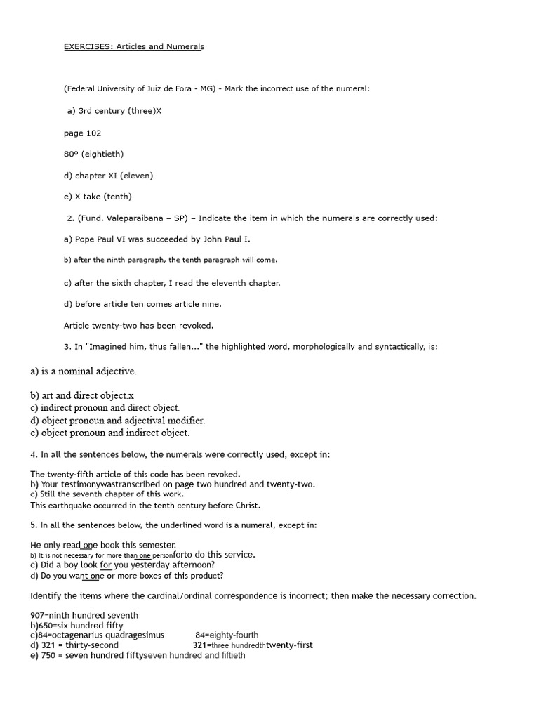 EXERCISES of Numerals and Articles | PDF | Adjective | Pronoun