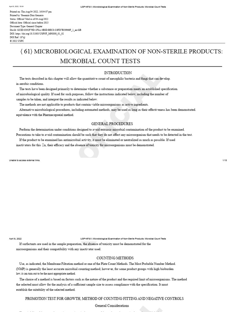 USP-NF 61 Microbiological Examination of Non-Sterile Products ...
