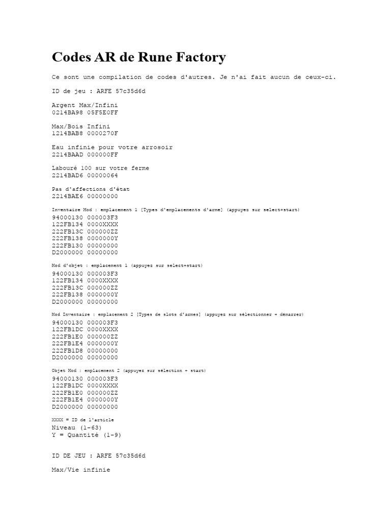 Codes AR pour Rune Factory | PDF | Curry | Nourritures