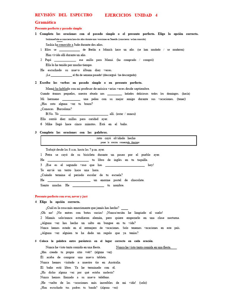 Ejercicios de gramática: presente perfecto y pasado simple | PDF ...