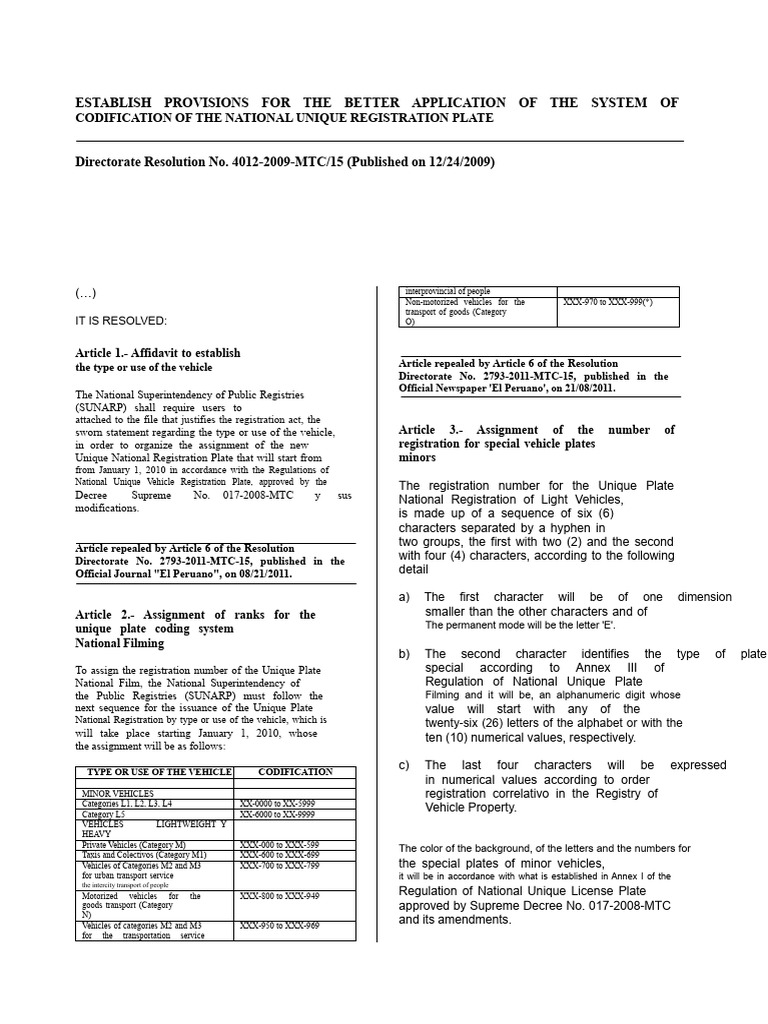 Directorate Resolution 4012 2009 MTC 15 | PDF | Vehicle Registration ...