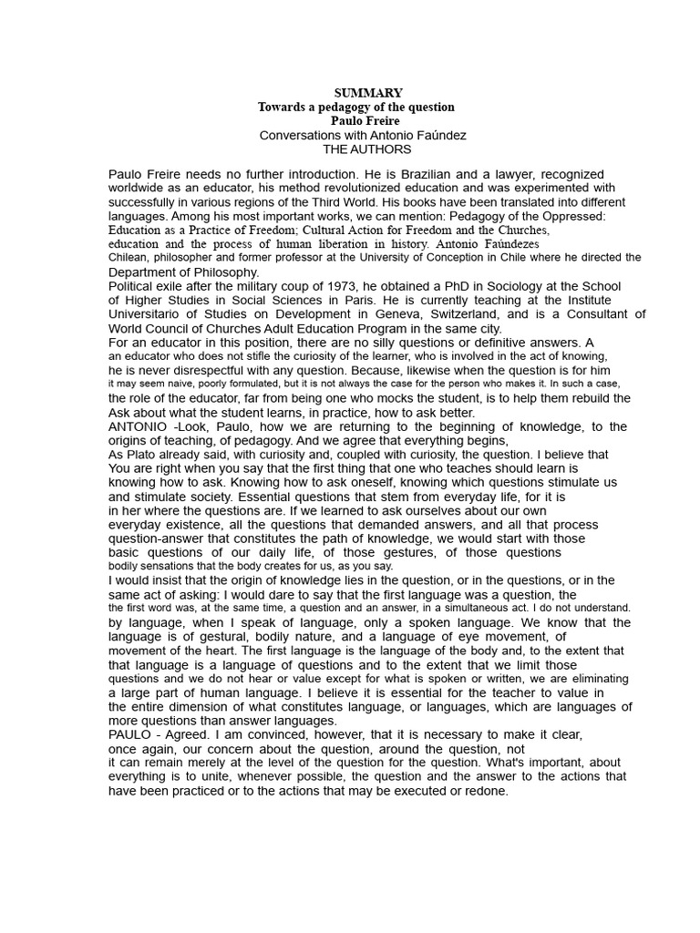 Summary of Paulo Freire's "Pedagogy of The Question" | PDF | Knowledge ...
