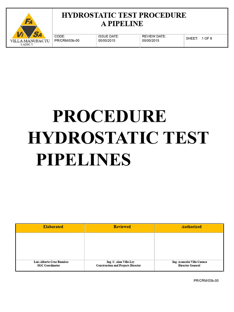 Hydrostatic Testing Procedure for Pipelines | PDF | Pressure ...