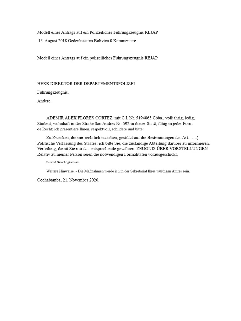 Musterantrag Für Ein Polizeiliches Führungszeugnis REJAP | PDF