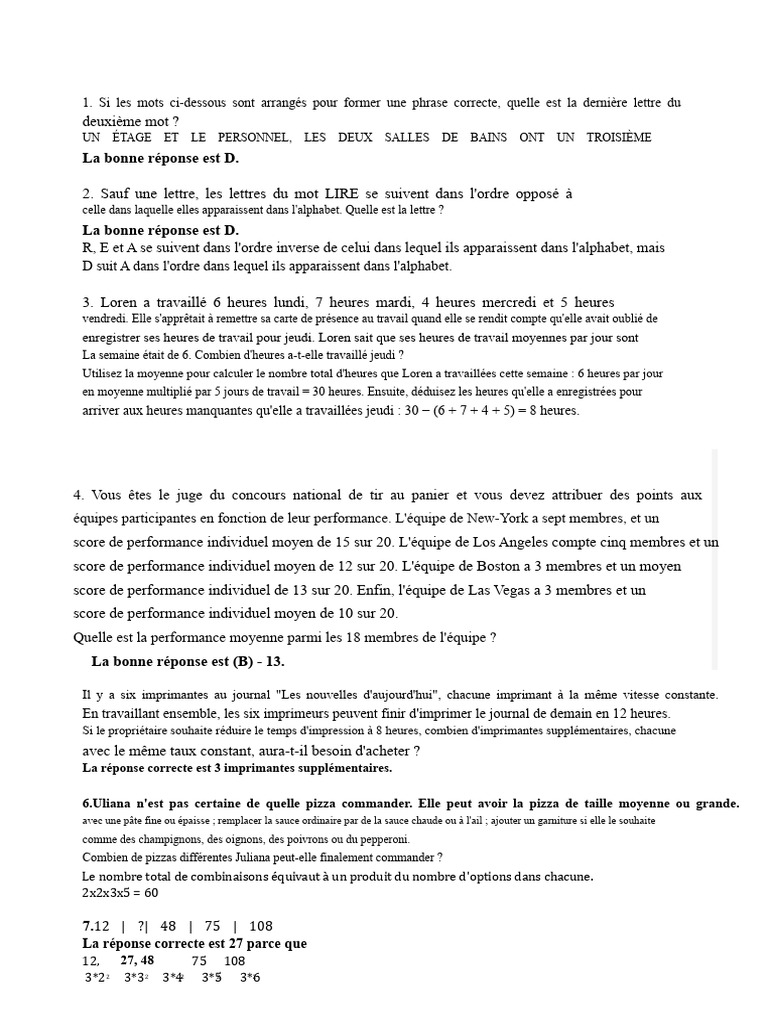 Quiz de logique et calculs pratiques | PDF