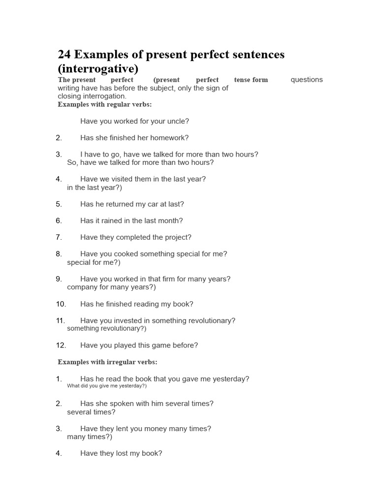 Present Perfect Sentence Examples | PDF | Verb | Semantics
