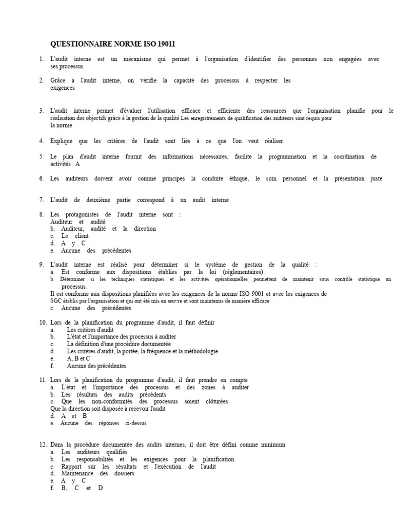 Questionnaire d'Audit Interne ISO 9001 | PDF | Audit | Management de la ...