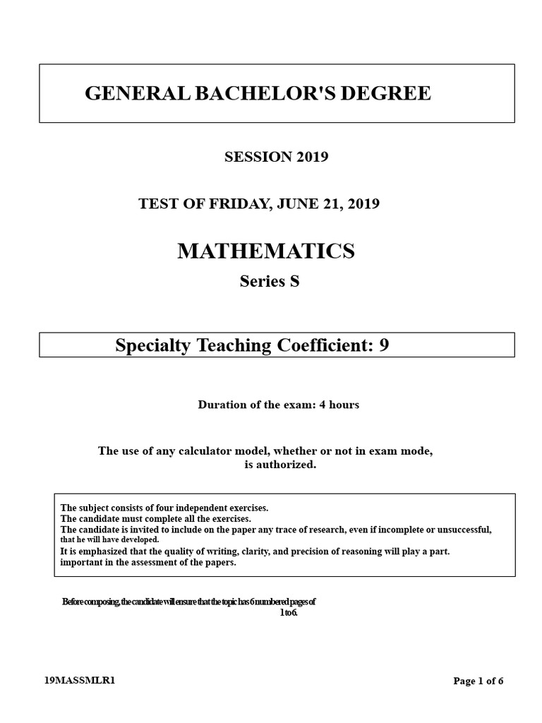 2019 General Bachelor's Degree Math Exam | PDF | Function (Mathematics ...