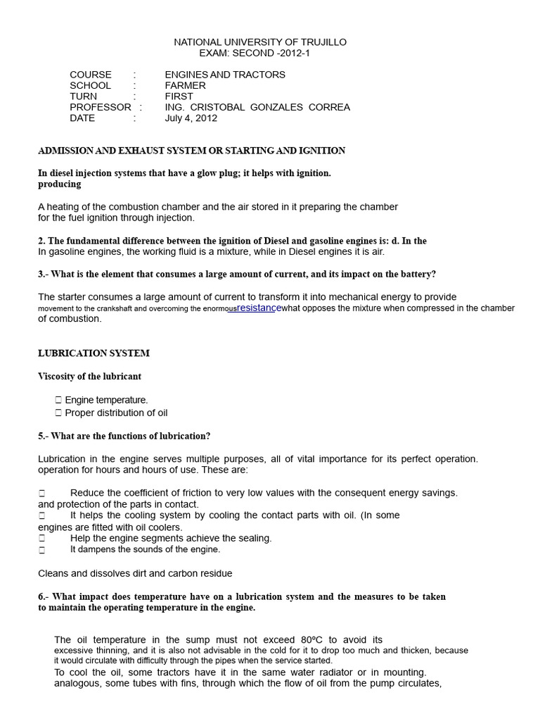 Second Exam of Engines and Tractors - UNT - Agricultural Engineering ...
