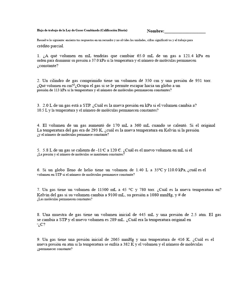 Unidad 5 - Hoja de Trabajo de La Ley de Gases Combinada | PDF