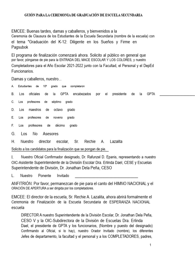 Guion para La Ceremonia de Graduación de La Escuela Secundaria | PDF ...