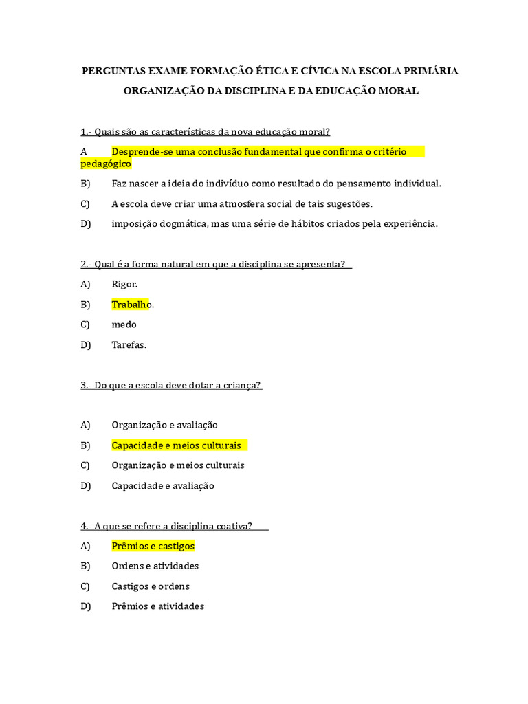 Perguntas sobre Ética e Cidadania Escolar | PDF