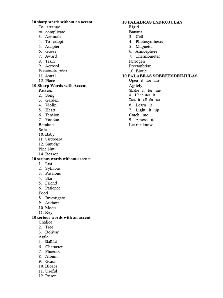 10 Words with and without Accents | PDF