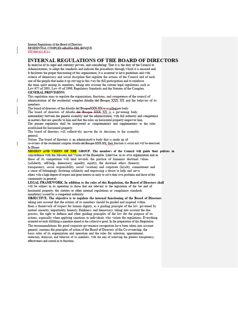 Board of Directors Regulations: Abadía del Bosque | PDF | Board Of ...