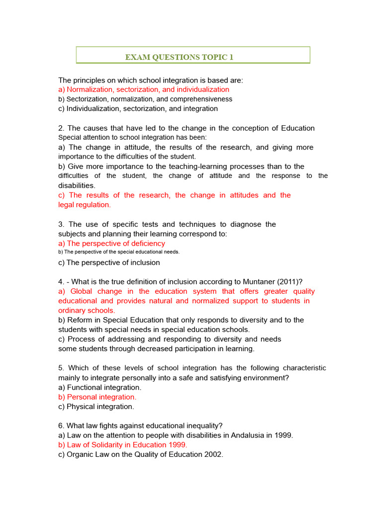 Inclusive School Topic 1 Test Questions School Integration | PDF ...