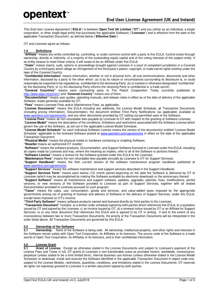 OpenText EULA for UK and Ireland | PDF | License | Software