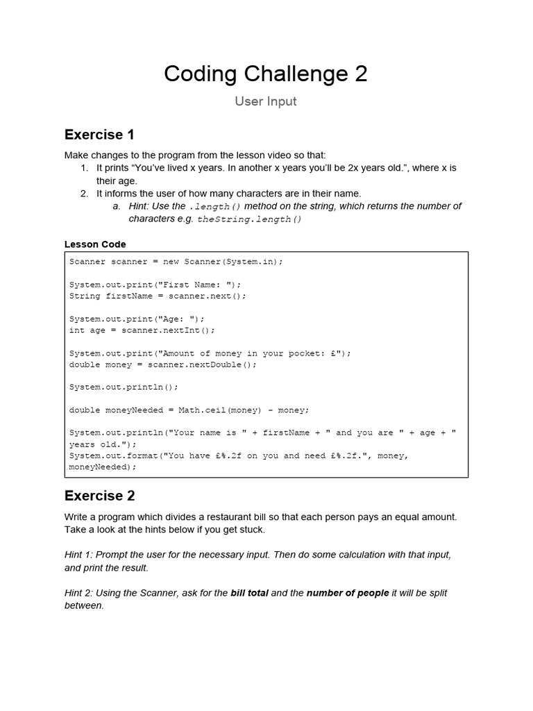 Coding+Challenge+2+ +User+Input | PDF | Computer Programming | Computing