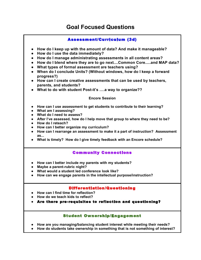 Goal Focused Questions: Assessment/Curriculum (3d) | PDF | Social Science