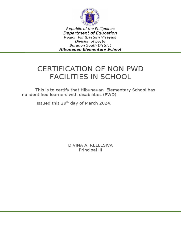 Certification of Non PWD Facilities in School | PDF