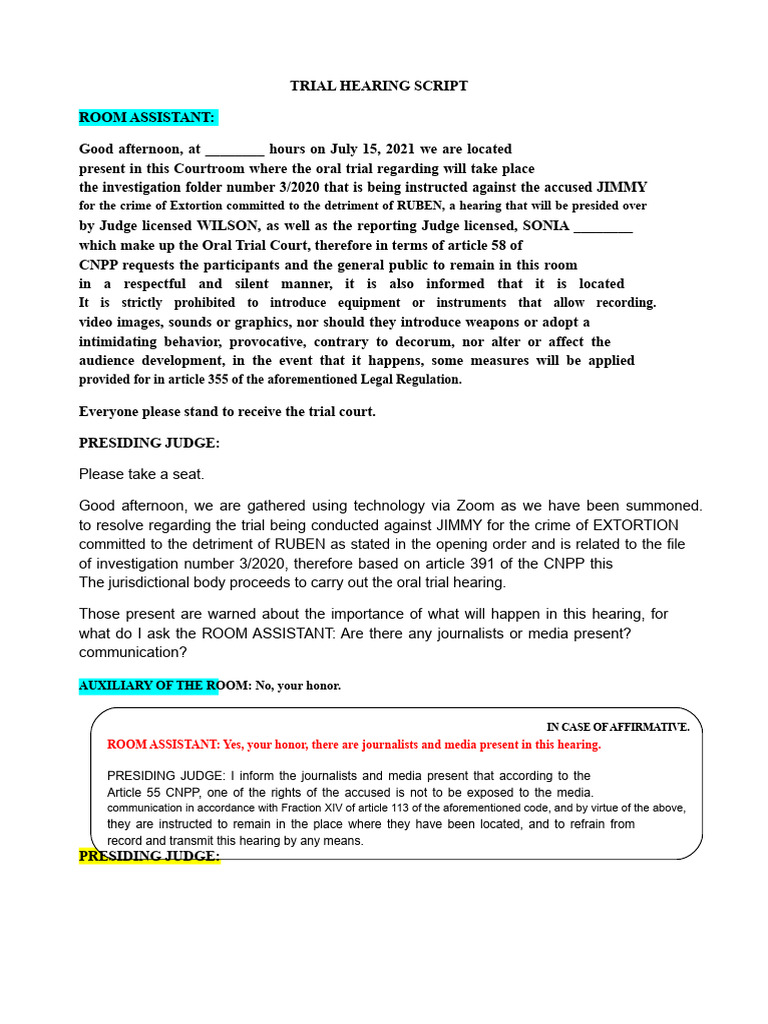 Oral Trial Hearing Script for Extortion | PDF | Witness | Prosecutor