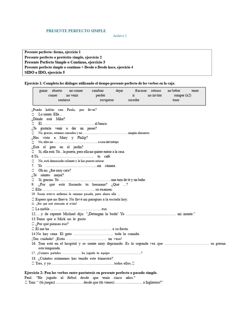 Ejercicios de Presente Perfecto Simple | PDF