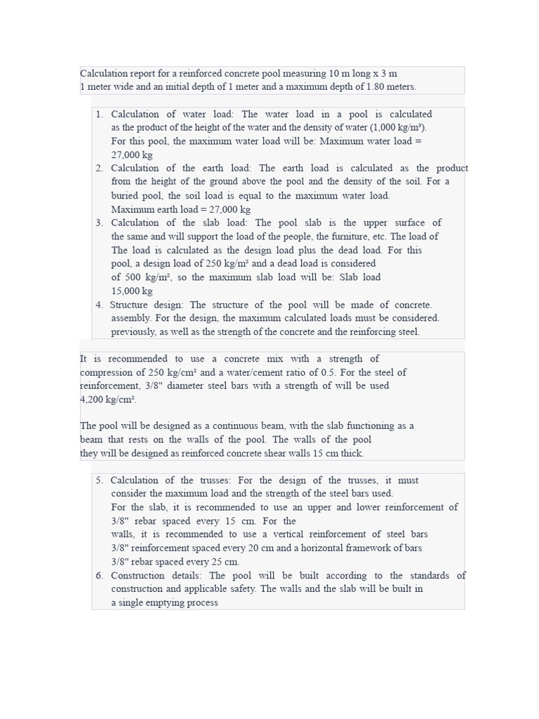 Calculation Report For A Reinforced Concrete Swimming Pool Measuring 10 ...