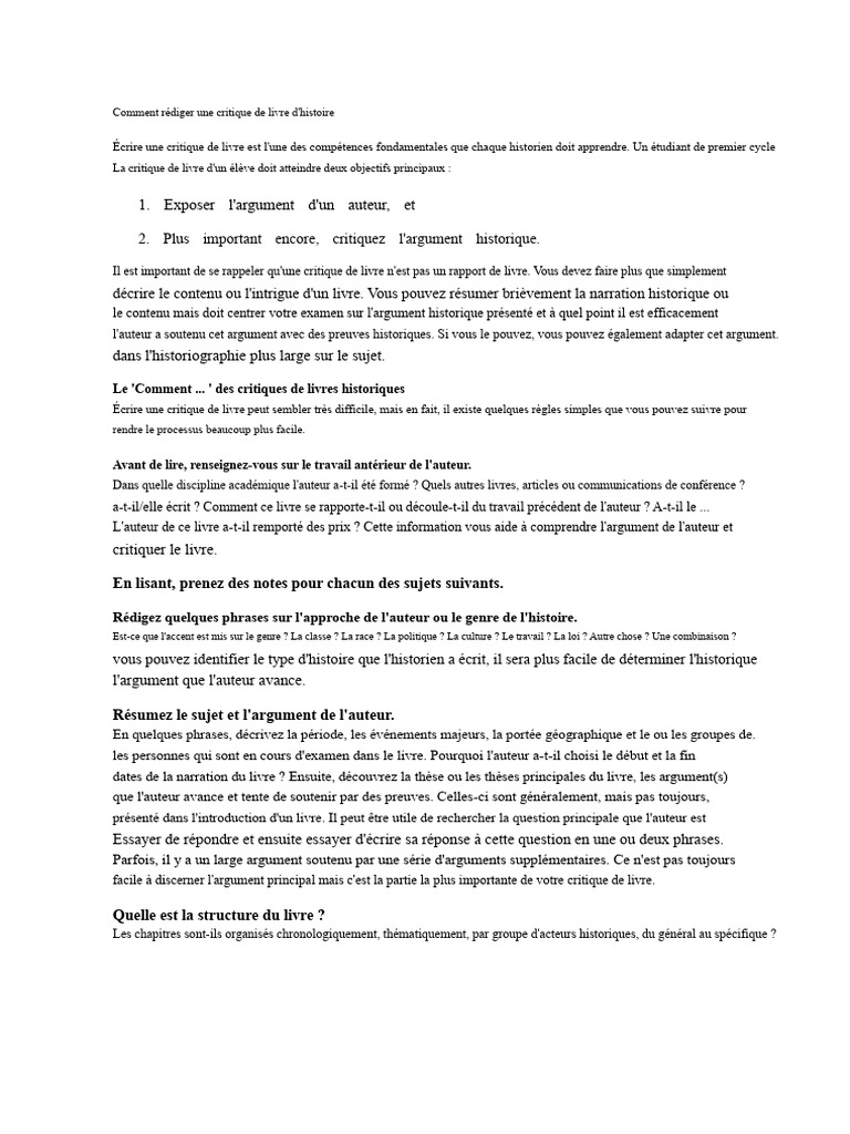 Guide pour critiquer un livre d'histoire | PDF | Enseignement des Arts ...