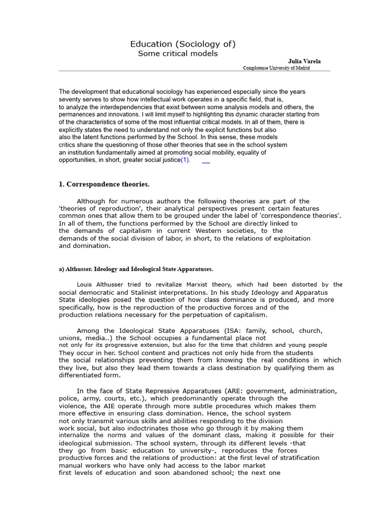 Critical Models in Educational Sociology | PDF | Sociology ...