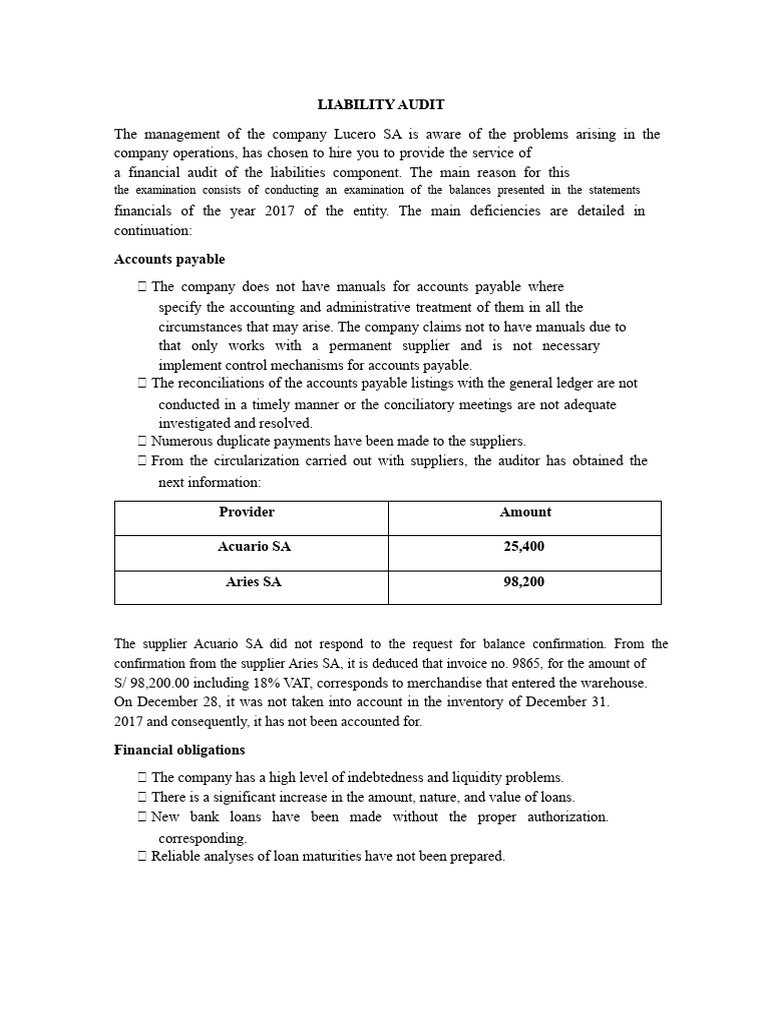 Liability Audit for Lucero SA 2017 | PDF | Internal Control | Accounts ...