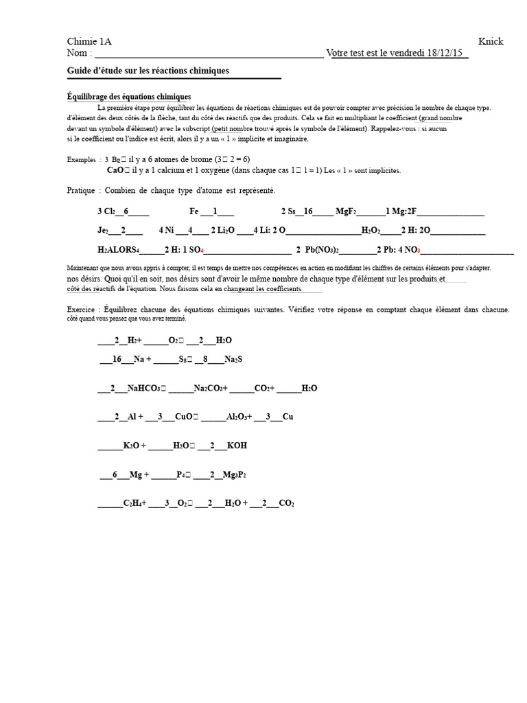 Guide d'étude sur les réactions chimiques | PDF | Chimie | Réactions ...