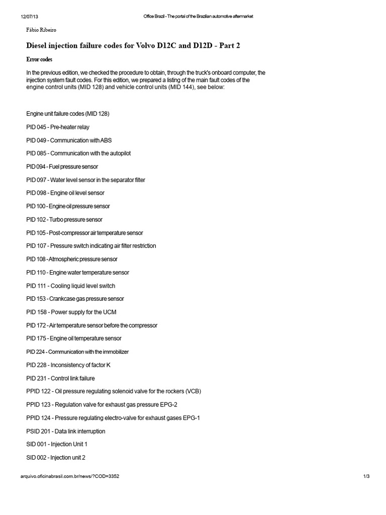 Volvo D12C/D12D Diesel Error Codes | PDF | Throttle | Vehicle Technology