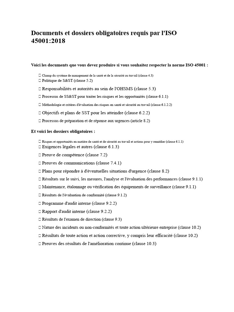 Documents requis pour ISO 45001:2018 | PDF | Audit | Santé et sécurité ...
