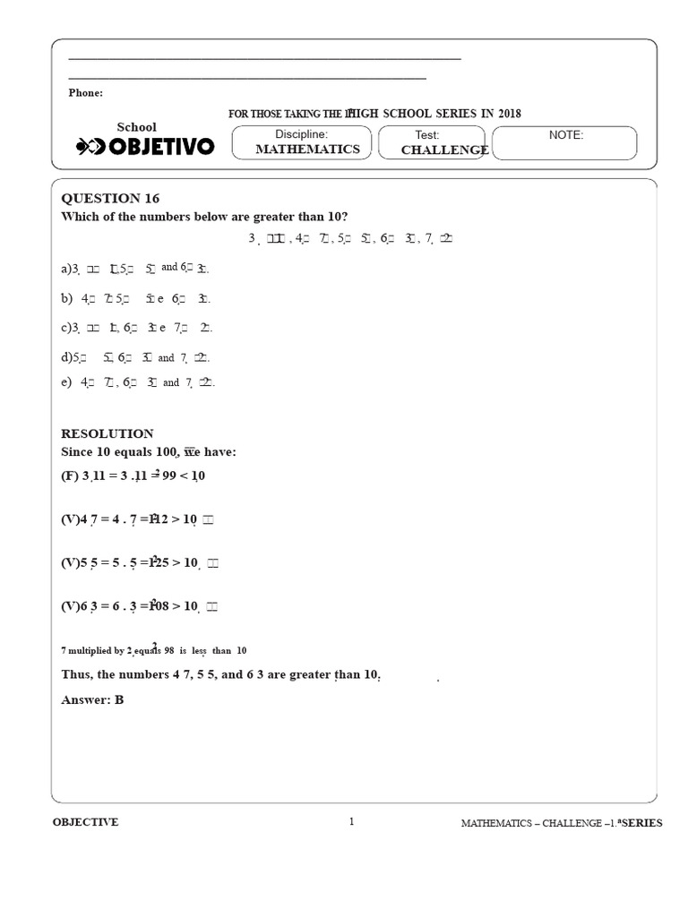 Resolution Challenge 1st Year High School Mathematics 120518 | PDF ...