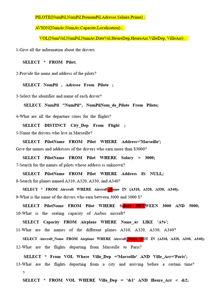 SQL Queries for Pilot and Flight Data | PDF | Airliner | Airbus