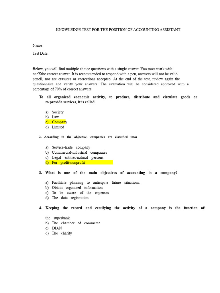 Knowledge Test For The Position of Accounting Assistant | PDF | Taxes ...
