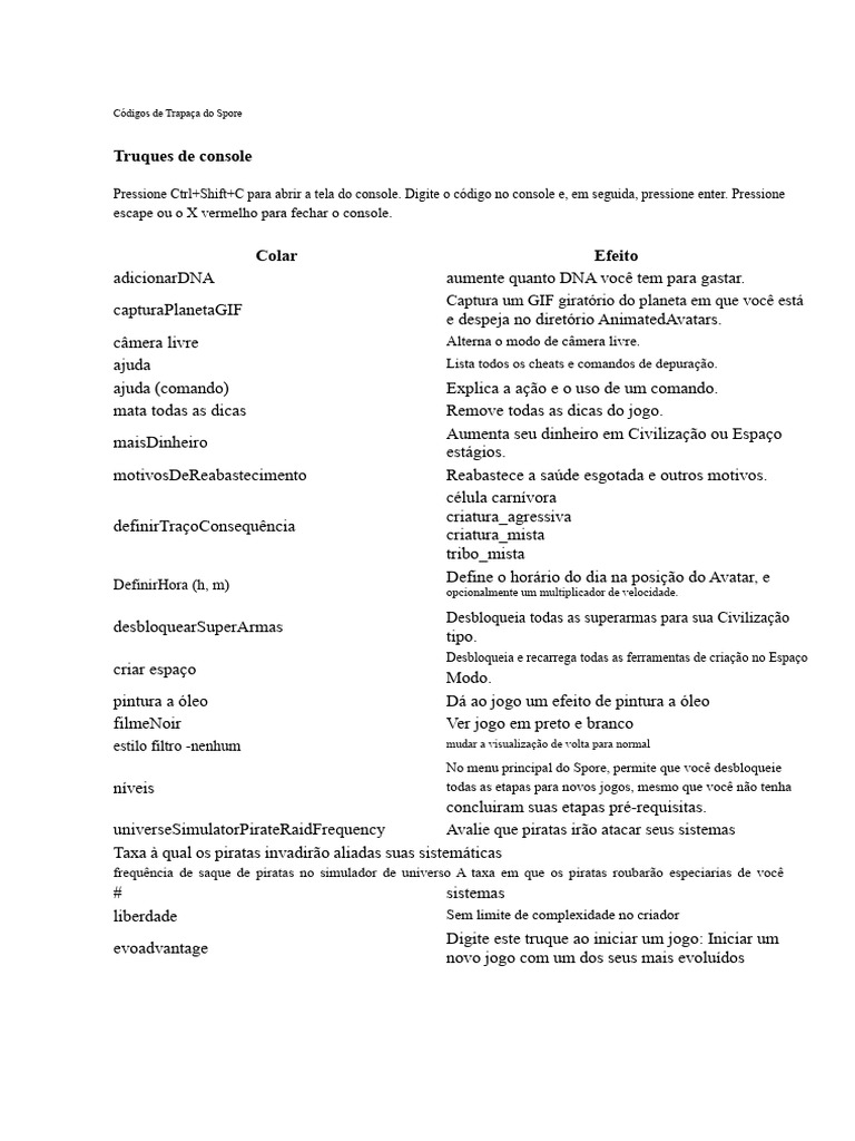 Códigos de Trapaça para Spore | PDF