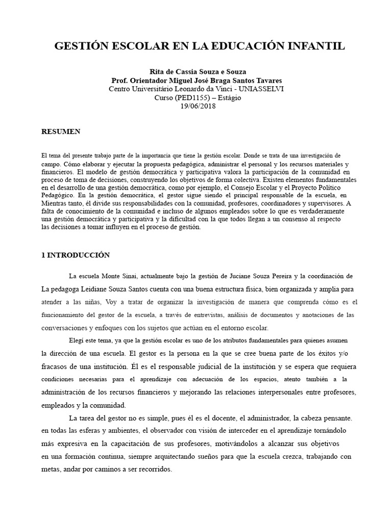 Gestión Escolar en Educación Infantil | PDF | Educación de la primera ...
