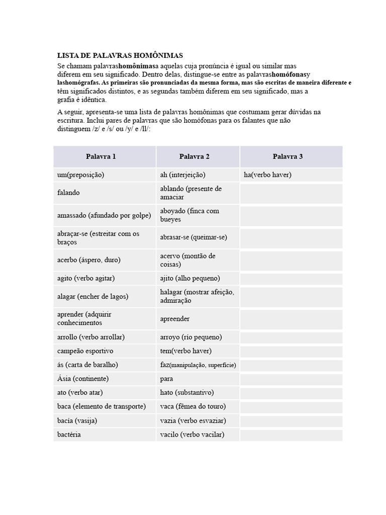Lista de Palavras Homônimas | PDF