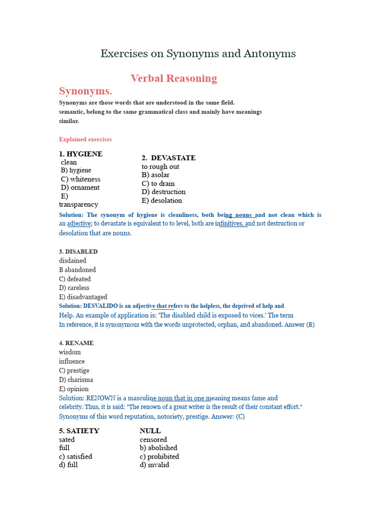 Synonyms and Antonyms Exercises Guide | PDF | Word | Linguistic Typology
