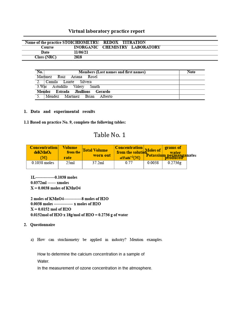 Report of Results Laboratory No. 9 Inorganic Chemistry | PDF ...