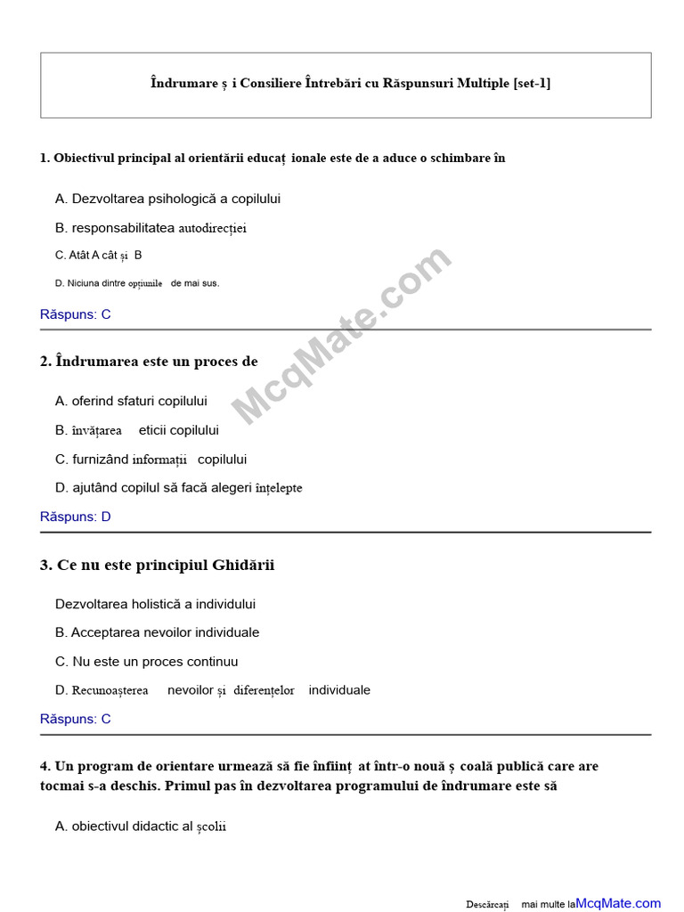 Îndrumare-Și-Consiliere Întrebări Cu Răspuns Corect (Set-1) | PDF