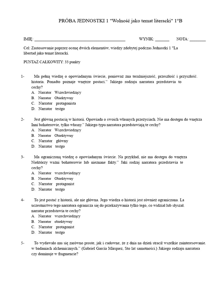 TEST JEDNOSTKA 1 (Wolność Jako Temat Literacki) 1°B WORD | PDF