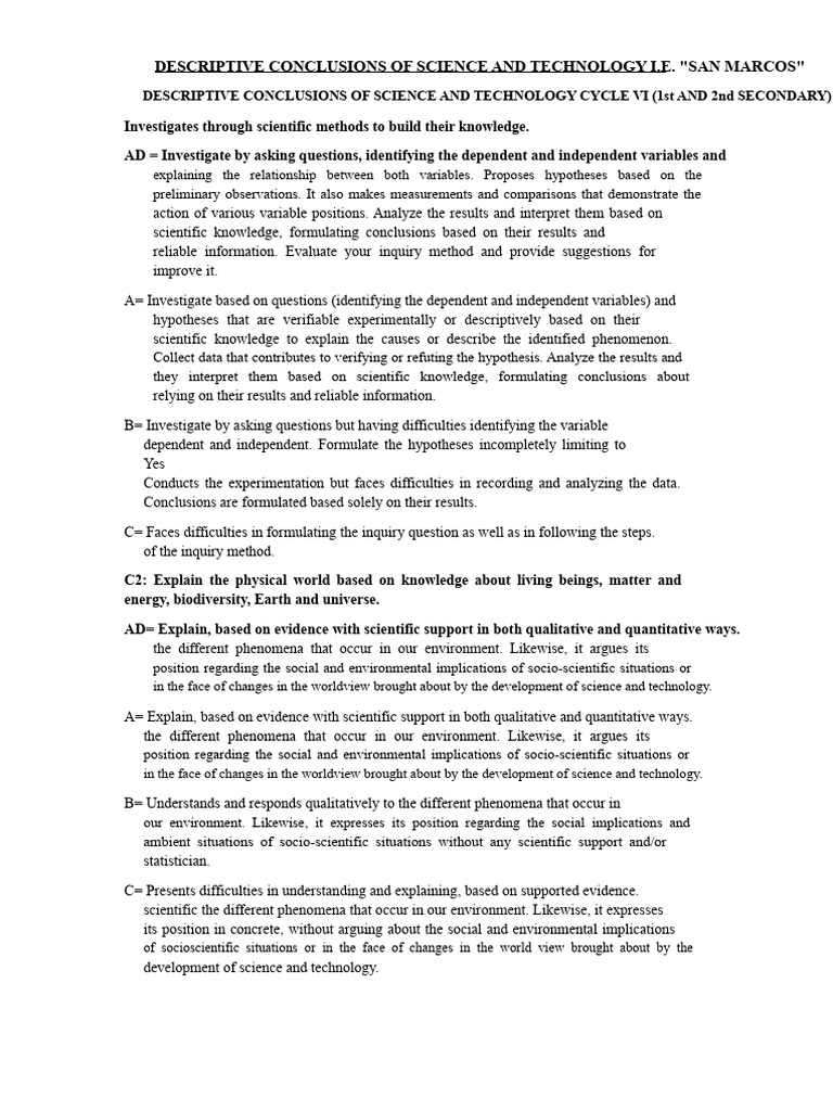 Descriptive Conclusions of Science and Technology (1, 2 and 3a) | PDF ...