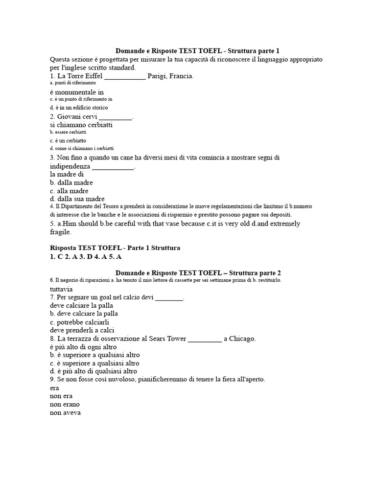 Domande e Risposte TEST TOEFL | PDF